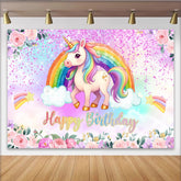 Lofaris Magical Unicorn Rainbow Backdrop, Floral and Pink Glitter Photography Background for Happy Birthday Party