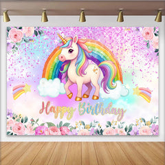 Lofaris Magical Unicorn Rainbow Backdrop, Floral and Pink Glitter Photography Background for Happy Birthday Party