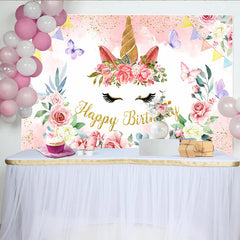 Lofaris Floral Unicorn Face Backdrop, Golden Horn and Pink Rose Photography Background for Girls Birthday Party
