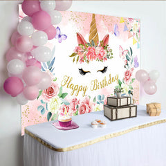 Lofaris Floral Unicorn Face Backdrop, Golden Horn and Pink Rose Photography Background for Girls Birthday Party