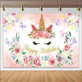 Lofaris Floral Unicorn Face Backdrop, Golden Horn and Pink Rose Photography Background for Girls Birthday Party