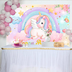 Lofaris Pastel Unicorn Rainbow Backdrop, Flying Unicorn and Smiley Cloud Background for Girls Happy Birthday