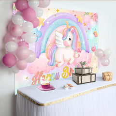 Lofaris Pastel Unicorn Rainbow Backdrop, Flying Unicorn and Smiley Cloud Background for Girls Happy Birthday