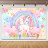 Lofaris Pastel Unicorn Rainbow Backdrop, Flying Unicorn and Smiley Cloud Background for Girls Happy Birthday