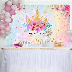 Lofaris Unicorn Happy Birthday Backdrop, Pastel Rainbow Glitter Floral Gold Star Party Background for Girls