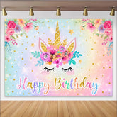 Lofaris Unicorn Happy Birthday Backdrop, Pastel Rainbow Glitter Floral Gold Star Party Background for Girls