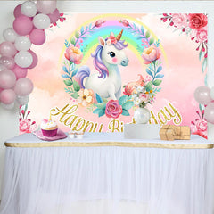 Lofaris Cute Unicorn Rainbow Birthday Backdrop, Pink Floral Wreath and Gold Glitter Text Party Decoration