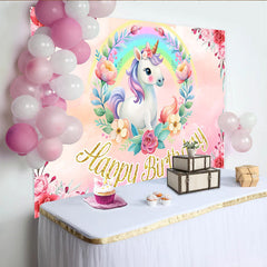 Lofaris Cute Unicorn Rainbow Birthday Backdrop, Pink Floral Wreath and Gold Glitter Text Party Decoration
