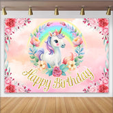 Lofaris Cute Unicorn Rainbow Birthday Backdrop, Pink Floral Wreath and Gold Glitter Text Party Decoration