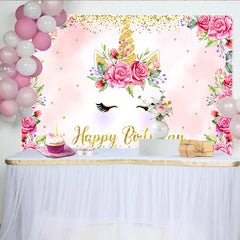 Lofaris Pink Rose Unicorn Birthday Backdrop, Floral Gold Glitter Horn and Eyelashes Party Background for Kids