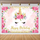 Lofaris Pink Rose Unicorn Birthday Backdrop, Floral Gold Glitter Horn and Eyelashes Party Background for Kids