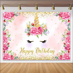 Lofaris Pink Rose Unicorn Birthday Backdrop, Floral Gold Glitter Horn and Eyelashes Party Background for Kids