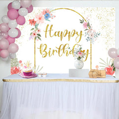 Lofaris Elegant Floral Gold Arch Birthday Backdrop, Pink and Blue Flower Glitter Party Decoration for Women