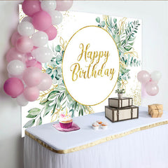 Lofaris Greenery Eucalyptus Birthday Backdrop, Gold Circular Frame and Glitter Leaf Party Decoration
