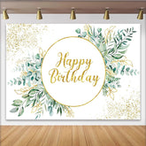 Lofaris Greenery Eucalyptus Birthday Backdrop, Gold Circular Frame and Glitter Leaf Party Decoration