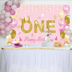 Lofaris Pink and Gold First Birthday Backdrop, Glitter ONE with Crown and Balloon Party Background for Girls