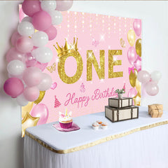 Lofaris Pink and Gold First Birthday Backdrop, Glitter ONE with Crown and Balloon Party Background for Girls
