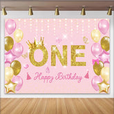 Lofaris Pink and Gold First Birthday Backdrop, Glitter ONE with Crown and Balloon Party Background for Girls