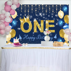 Lofaris Navy Blue and Gold First Birthday Backdrop, Glitter ONE with Crown and Starry Night Party for Boys