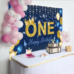 Lofaris Navy Blue and Gold First Birthday Backdrop, Glitter ONE with Crown and Starry Night Party for Boys