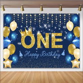 Lofaris Navy Blue and Gold First Birthday Backdrop, Glitter ONE with Crown and Starry Night Party for Boys