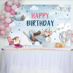 Lofaris Watercolor Airplane Birthday Backdrop, Hot Air Balloon and Cloud Sky Party Background for Boys