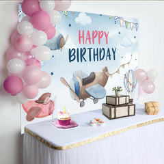 Lofaris Watercolor Airplane Birthday Backdrop, Hot Air Balloon and Cloud Sky Party Background for Boys