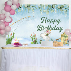 Lofaris Fishing Theme Birthday Backdrop, Watercolor Camping and Pond Life Party Background for Outdoorsman