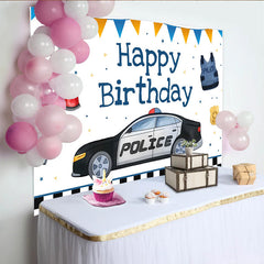 Lofaris Police Car and Officer Gear Birthday Backdrop, Blue and Orange Bunting Party Decoration for Boy