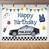 Lofaris Police Car and Officer Gear Birthday Backdrop, Blue and Orange Bunting Party Decoration for Boy