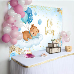 Lofaris Sleeping Bear on Cloud Baby Shower Backdrop, Blue Balloons and Pampas Grass for Boy