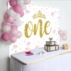 Lofaris Pink Bows and Gold Crown First Birthday Backdrop, Glitter ONE Backdrop for Girl Party