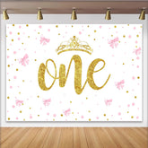 Lofaris Pink Bows and Gold Crown First Birthday Backdrop, Glitter ONE Backdrop for Girl Party