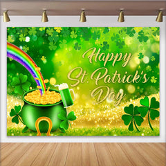 Lofaris St. Patrick's Day Backdrop, Rainbow and Pot of Gold with Golden Text Background for Irish Holiday Party