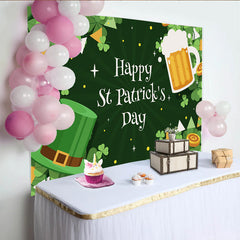 Lofaris Happy St. Patrick's Day Backdrop, Green Top Hat and Beer Mug with Gold Coins Clover Decor