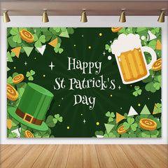 Lofaris Happy St. Patrick's Day Backdrop, Green Top Hat and Beer Mug with Gold Coins Clover Decor