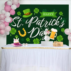 Lofaris St. Patrick Day Horseshoe and Beer Mug Backdrop, Green Lucky Shamrock Party Decor