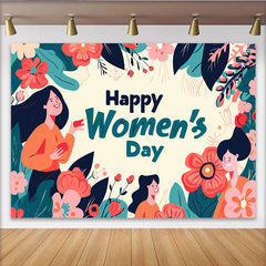 Lofaris Illustrated Womens Day Backdrop, Smiling Women and Giant Flowers, Empowerment Celebration Banner