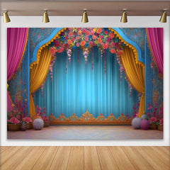 Lofaris Floral Arch Stage Backdrop, Ornate Blue Theater Frame, Wedding and Event Photography Banner