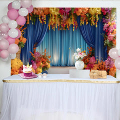 Lofaris Royal Floral Stage Backdrop, Blue Curtains and Vibrant Flower Pillars, Event Party Banner