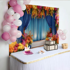 Lofaris Royal Floral Stage Backdrop, Blue Curtains and Vibrant Flower Pillars, Event Party Banner