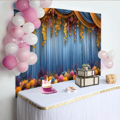 Lofaris Hanging Flower Stage Backdrop, Blue Curtains with Yellow Floral Vines, Party Photo Banner