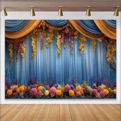 Lofaris Hanging Flower Stage Backdrop, Blue Curtains with Yellow Floral Vines, Party Photo Banner