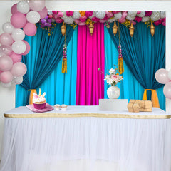 Lofaris Teal and Pink Stage Backdrop, Flower Header and Golden Lanterns, Indian Wedding Style Banner