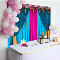 Lofaris Teal and Pink Stage Backdrop, Flower Header and Golden Lanterns, Indian Wedding Style Banner