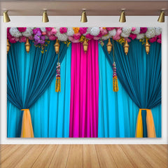 Lofaris Teal and Pink Stage Backdrop, Flower Header and Golden Lanterns, Indian Wedding Style Banner