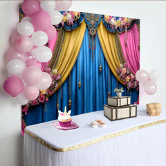 Lofaris Ornate Jewelry Stage Backdrop, Blue and Pink Theater Curtains, Luxury Gala Party Banner