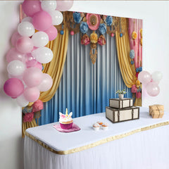Lofaris Pastel Floral Stage Backdrop, Yellow and Blue Drapes with Pink Ornaments, Party Banner