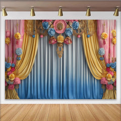 Lofaris Pastel Floral Stage Backdrop, Yellow and Blue Drapes with Pink Ornaments, Party Banner