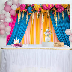 Lofaris Vibrant Floral Stage Backdrop, Pink Blue Yellow Curtains with Flower Header, Event Banner